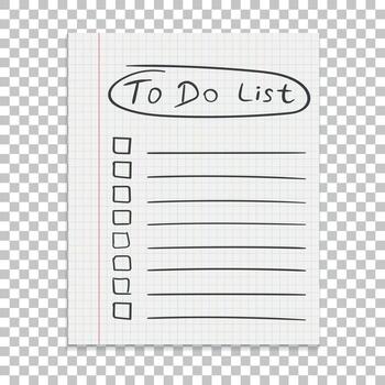 Realistic paper note. To do list icon with hand drawn text. School business diary. Office stationery notebook on isolated background vector
