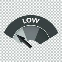 Low level risk gauge vector icon. Low fuel illustration on isolated background.