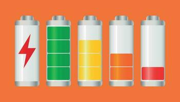 Set of battery charge level indicator. Vector illustration on orange background.