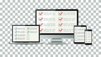 en línea encuesta, Lista de Verificación colocar. tableta, computadora, móvil blanco pantalla. realimentación negocio concepto. plano vector ilustración para web sitio, móvil aplicación