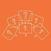 Question marks in thought bubbles. Hand drawn line art cartoon vector illustration on orange background.