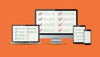 en línea encuesta, Lista de Verificación colocar. tableta, computadora, móvil blanco pantalla. realimentación negocio concepto. plano vector ilustración para web sitio, móvil aplicación