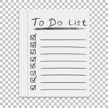 realista papel nota. a hacer lista icono con mano dibujado texto. colegio negocio diario. oficina papelería cuaderno en aislado antecedentes vector