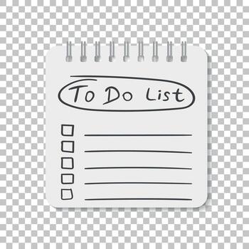 Realistic notepad with spiral. To do list icon with hand drawn text. School business diary. Office stationery notebook on isolated background vector