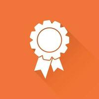 Badge with ribbon icon. Vector illustration in flat style on orange background with long shadow.