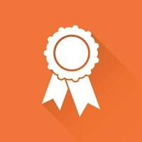 Badge with ribbon icon. Vector illustration in flat style on orange background with long shadow.