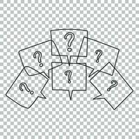 Question marks in thought bubbles. Hand drawn line art cartoon vector illustration on isolated background.