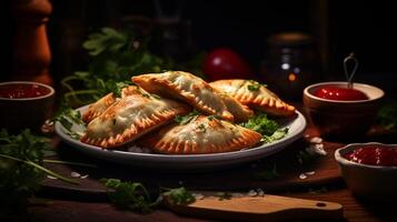 un vegetariano empanadas adornado con hierbas y servido con un porción de salsa de tomate, generado por ai foto