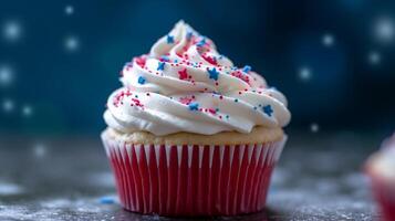 a beautifully decorated red, white, and blue cupcake, adorned with stars and stripes, symbolizing the celebration of Independence Day, photo