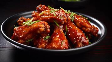 a plate of mouthwatering chicken wings, perfectly fried and coated in a delicious red sauce, photo