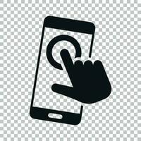 Hand touch smartphone icon in transparent style. Phone finger vector illustration on isolated background. Cursor touchscreen business concept.