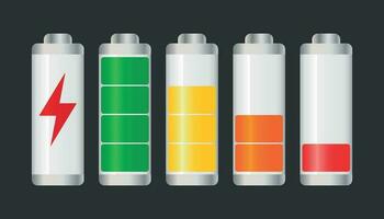 Set of battery charge level indicator. Vector illustration on black background.