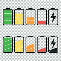 Battery icon vector set on isolated background. Symbols of battery charge level, full and low. The degree of battery power flat vector illustration.