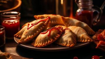 pollo empanadas con un lado de salsa de tomate, generado por ai foto