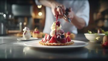 un experto postre cocinero elaboración un fresa helado con frutas y nueces obra maestra en un profesional cocina, ai generado foto