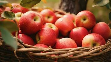 un cesta lleno con recién escogido manzanas, generado por ai foto