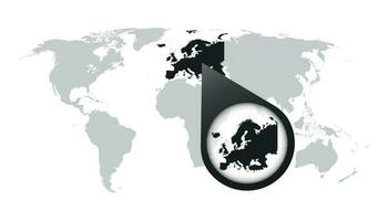 World map with zoom on Europe. Map in loupe. Vector illustration in flat style