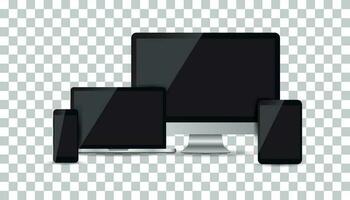 Realistic device flat Icons smartphone, tablet, laptop and desktop computer. Vector illustration