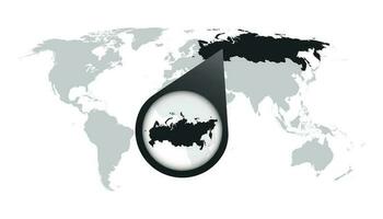 World map with zoom on Russia. Russian Federation map in loupe. Vector illustration in flat style