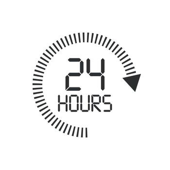 24 hours clock sign icon in flat style. Twenty four hour open vector illustration on white isolated background. Timetable business concept.