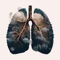 illustration of pollution-blackened lungs created in the shape of trees and roots photo