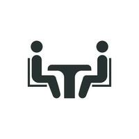 Business consulting icon in flat style. Two people with table vector illustration on white isolated background. Restaurant dialog business concept.