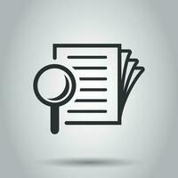 Scrutiny document plan icon in flat style. Review statement vector illustration on white background. Document with magnifier loupe business concept.
