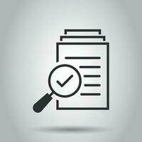 Scrutiny document plan icon in flat style. Review statement vector illustration on white background. Document with magnifier loupe business concept.