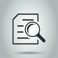 Scrutiny document plan icon in flat style. Review statement vector illustration on white background. Document with magnifier loupe business concept.