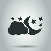 Moon and stars with clods vector icon in flat style. Nighttime illustration on white background. Cloud, moon business concept.