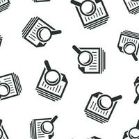 Scrutiny document plan icon seamless pattern background. Review statement vector illustration. Document with magnifier loupe symbol pattern.