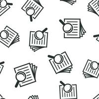 Scrutiny document plan icon seamless pattern background. Review statement vector illustration. Document with magnifier loupe symbol pattern.