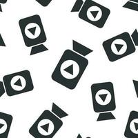 Video camera icon seamless pattern background. Movie play vector illustration. Video streaming symbol pattern.