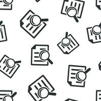 Scrutiny document plan icon seamless pattern background. Review statement vector illustration. Document with magnifier loupe symbol pattern.