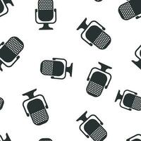 Microphone icon seamless pattern background. Mic broadcast vector illustration. Mike speech symbol pattern.