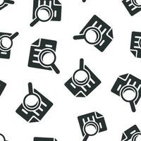 Scrutiny document plan icon seamless pattern background. Review statement vector illustration. Document with magnifier loupe symbol pattern.