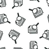 Scrutiny document plan icon seamless pattern background. Review statement vector illustration. Document with magnifier loupe symbol pattern.