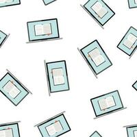Elearning education icon seamless pattern background. Study vector illustration. Laptop computer online training symbol pattern.
