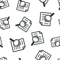 Scrutiny document plan icon seamless pattern background. Review statement vector illustration. Document with magnifier loupe symbol pattern.