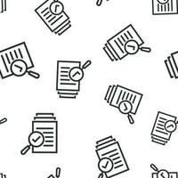 Scrutiny document plan icon seamless pattern background. Review statement vector illustration. Document with magnifier loupe symbol pattern.