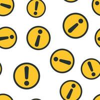 Exclamation mark icon seamless pattern background. Danger alarm vector illustration. Caution risk symbol pattern.