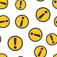 Exclamation mark icon seamless pattern background. Danger alarm vector illustration. Caution risk symbol pattern.
