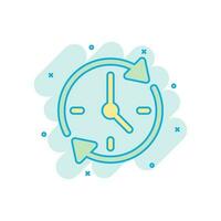 Clock countdown icon in comic style. Time chronometer vector cartoon illustration pictogram. Clock business concept splash effect.