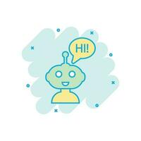 Cute robot chatbot icon in comic style. Bot operator vector cartoon illustration pictogram. Smart chatbot character business concept splash effect.