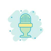 Microphone icon in comic style. Mic broadcast vector cartoon illustration pictogram. Microphone mike speech business concept splash effect.