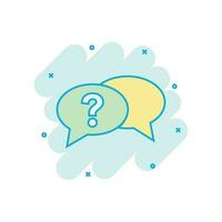 Question mark icon in comic style. Discussion speech bubble vector cartoon illustration pictogram. Question business concept splash effect.