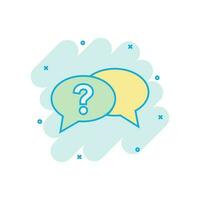 Question mark icon in comic style. Discussion speech bubble vector cartoon illustration pictogram. Question business concept splash effect.