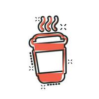 Coffee, tea cup icon in comic style. Coffee mug vector cartoon illustration pictogram. Drink business concept splash effect.