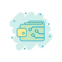 Digital wallet icon in comic style. Crypto bag vector cartoon illustration pictogram. Online finance, e-commerce business concept splash effect.