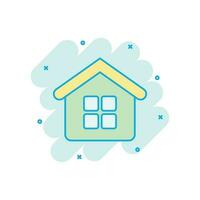 House building icon in comic style. Home apartment vector cartoon illustration pictogram. House dwelling business concept splash effect.